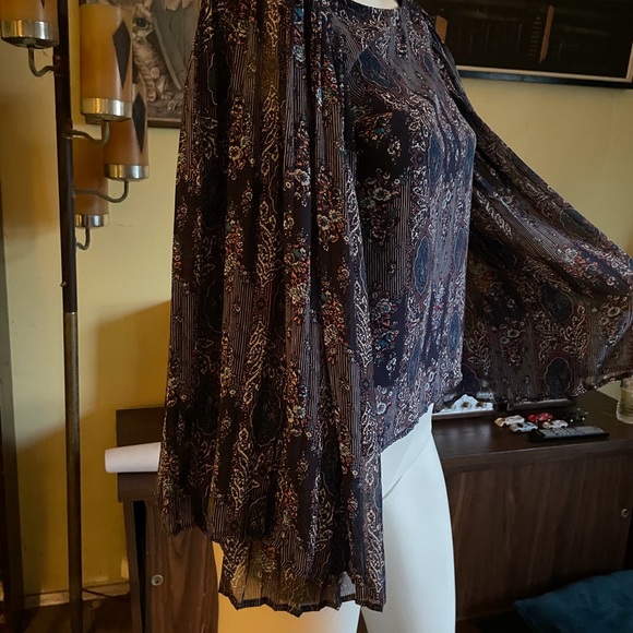 Ladies BoHo bat wing floral blouse hippie chic pleated belt sleeves freebird - Picture 8 of 8